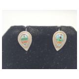 Sterling Silver Inlay Stone Pierced Earrings