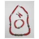 Red Clay Beads Necklace Bracelet And Pierced