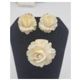 Vintage Carved Rose Clipon Earrings And Brooch