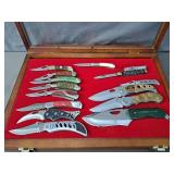 15 Pc Pocket Knives In Glass/wood Case
