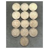 Lot Of 13 Liberty Head V Nickels 1900-1912