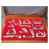12 Pc  Pocket Knives In Wood/glass Case