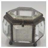 French Antique Glass Jewelry Box, Hexagonal 3.5"