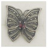 Sterling Silver Marcasite Garnet Butterfly Pin Tw