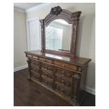 Large Walnut Finish 12 Drawer Dresser W/ Mirror