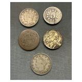 Lot Of Us Type Coins 2 Cents, Shield Nickel