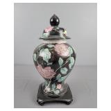 Vintage Black Floral Ceramic Ginger Jar W/ Base
