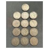 Lot Of 13 - 1883 No Cents Liberty Head V Nickels