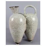 Pottery Triple Vase W/ Distinctive Crackle Glaze
