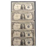 Lot Of 5 $1 Us Silver Certificates