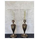 Pair Vintage Glass & Brass Hurricane Candleholders