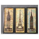 Set Of 3 Framed Metal 3d London Paris & Manhattan