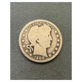 1908 O Barber Silver Quarter