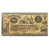 Civil War Era Bank Of South Carolina $5 Banknote