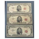 Lot Of 3 - $5 Red Seal Us Notes