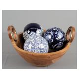 Wood Bowl W/ 3 Blue Porcelain Ball Decor