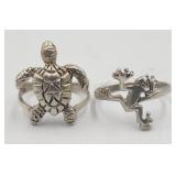 2 X Bid Sterling Silver Rings Turtle And Frog Tw
