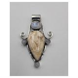 .925 Fossil Coral Rainbow Moonstone Pendant