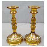 Pair Amber Glass Candle Holders