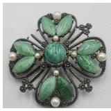 Cfw Brooch Pin  Jadeite And Seed Pearls  C1950s