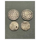Lot Of 4 Old 3 Cent Pieces - 2 Are Silver