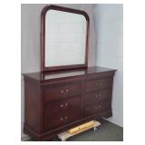 Cherry Finish Mfg Wood 6 Drawer Dresser W/ Mirror