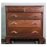 Antique Walnut 5 Drawer Chest W/ Carved Wood Pulls