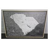 S C State Map Print On Canvas W/ Decor. Wood Frame