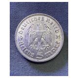 1935 Germany Third Reich 5 Reichsmarks .900