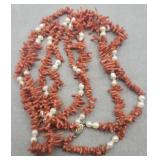 Vintage14k Gold Clasp Coral Branch & Pearls 56in