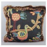 Colorful Embroidered Bird Scene Frilled Pillow