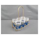 Mid-century Blue & White Tumblers In Metal Caddy