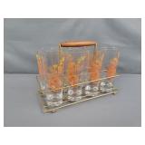 8 Pc Mid-century Flower Glassware W/ Caddy