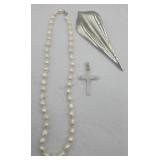 Pearl Necklace Large Brooch Pin And Quartz Cross