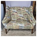Vintage Folk Art Tapestry Wing Back Settee