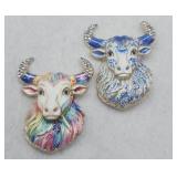 2 Bull Porcelain Enamel Look Brooch Pins
