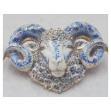 Blue White Enamel Look Rhinestone Ram Brooch Pin