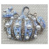 Blue White Halloween Pumpkin Brooch Rhinestone