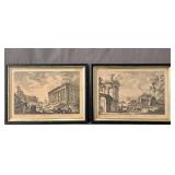 2x Bid Vintage B&w Engravings Featuring Greek Ruin