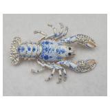 Blue White Porcelain Enamel Look Lobster Brooch