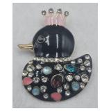 Black Rhinestone Duck Brooch Pin