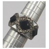 Sterling Silver Onyx Mother Of Pearl Sz 6 Ring .