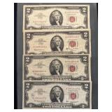 Lot Of 4 - $2 Red Seal Us Notes