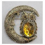 Sparkling Moon Face And Owl Brooch Pin
