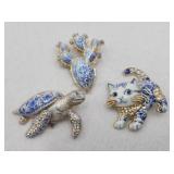 3 Blue And White Porcelain Look Style Brooches
