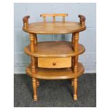 Mid Century Solid Oak Three Tier Stand W/ Drawer