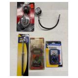 ASSORTED COOLANT TESTER, TIRE GAUGE, MULTIMETER