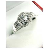 STERLING SILVER NATURAL WHITE QUARTZ AND CZ RING,