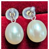 10K FRESH WATER PEARL AND LAB DIAMOND EARRING