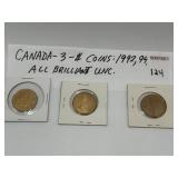 CANADA (3) $ COINS 1992, 1994, 1995 - ALL B.U.